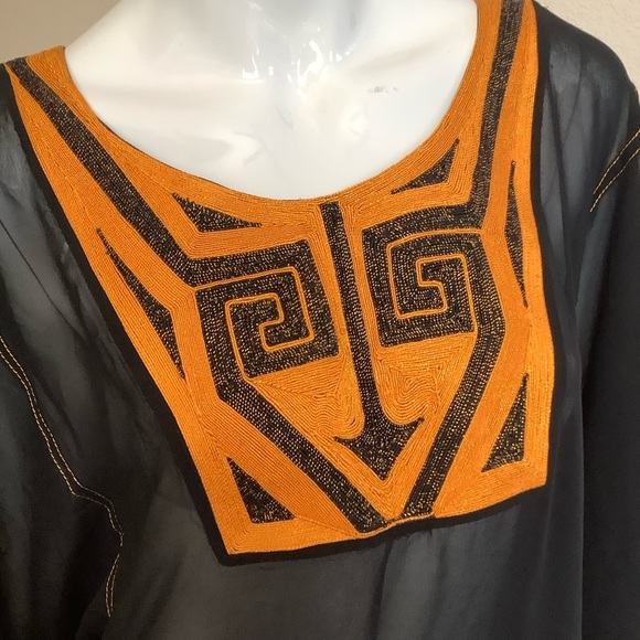 African Black and Orange Kaftan Sheer Dress - Picture 3 of 12